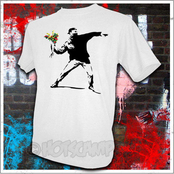 banksy graffiti flower. Banksy Flower Thrower T-shirt. Classic Banksy image on 100% Heavy Cotton